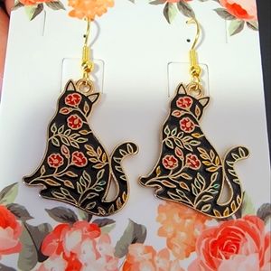 Gold-Tone Floral Black Cat Earrings